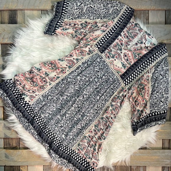 EUC. Boho [Sundance] Romantic Navy & Pink Kimono Mini Dress + Keyhole | Large - Picture 3 of 15